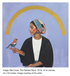 Image titled "The Painted Place" by Mia Cross. Women sitting with a bird perched on her finger against a blue background.