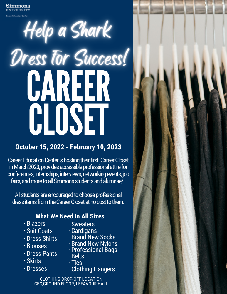 A flyer for "Help a Shark Dress for Success" Career Closet donations. 